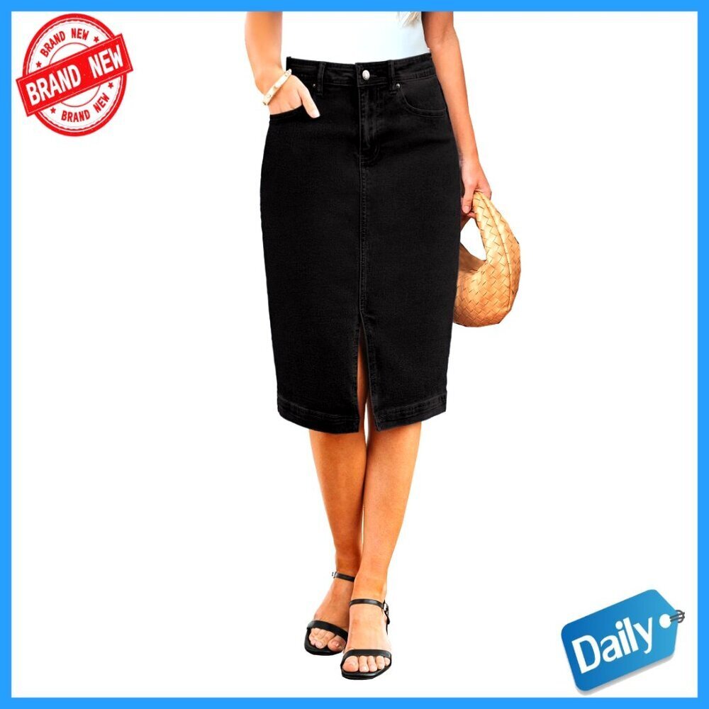 Stretchy Denim Midi Pencil Skirt High Waisted with Slit and Pockets